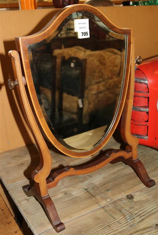 Inlaid mahogany toilet mirror, with shield shaped plate